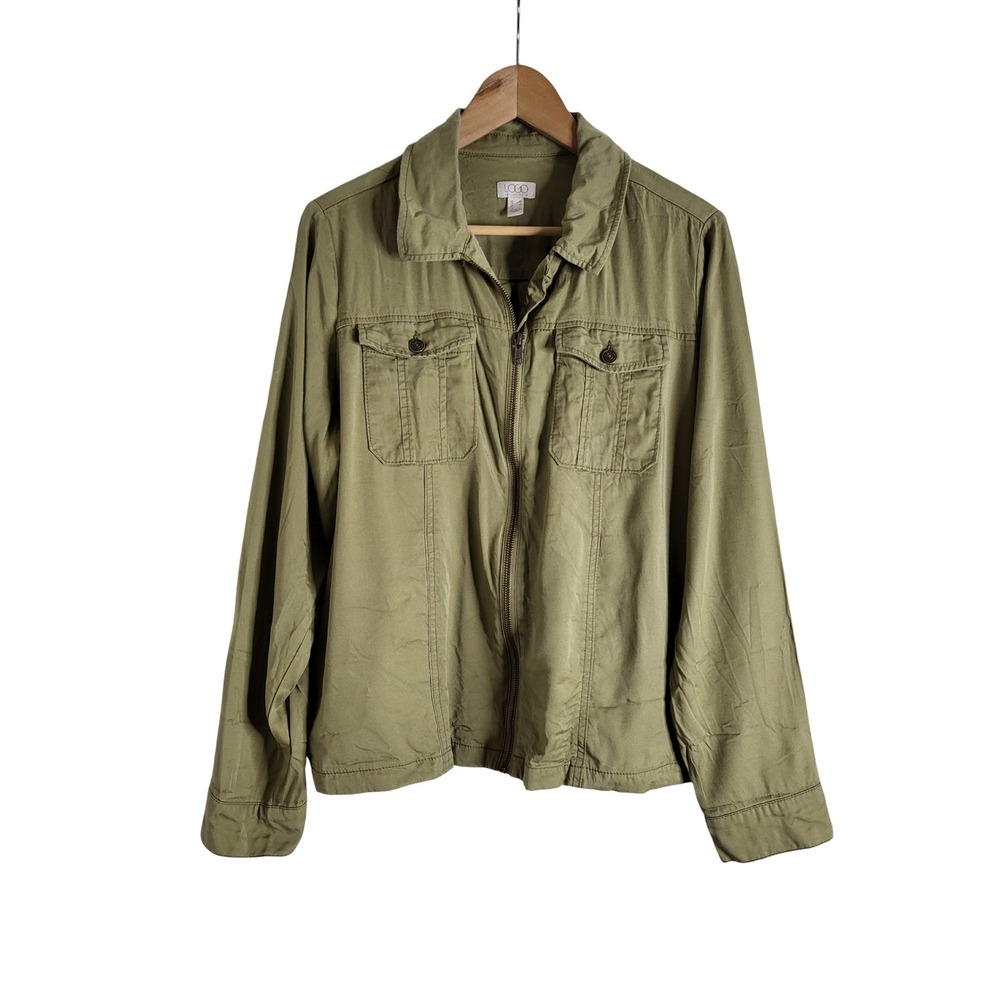 LOGO Lori Goldstein Olive Green Rayon Zip Utility Jacket Size M Earthcore